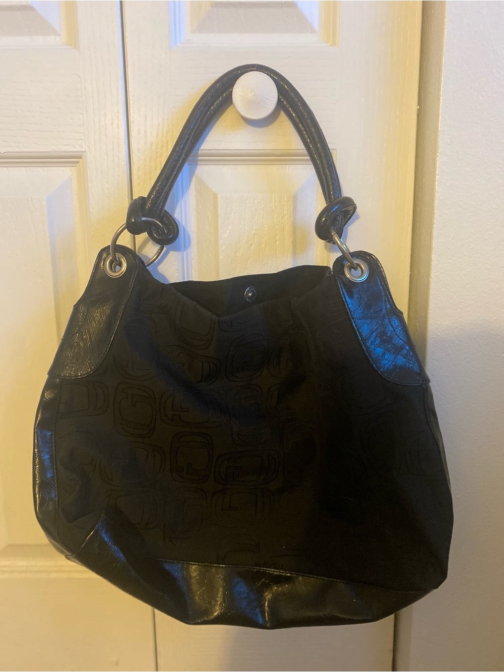 Giani Bernini Black Shoulder Tote with Embossed Logo Pattern